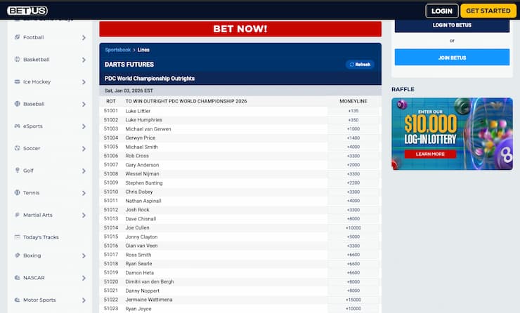 An image of the betting screen from BetUS, a popular online sportsbook for darts betting markets.